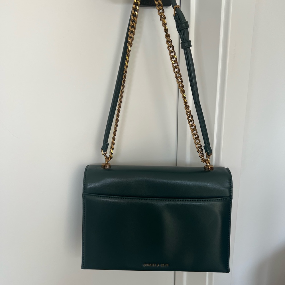 Charles & Keith Dark Green Push-Lock Shoulder Bag with Gold Chain - Picture 3 of 3
